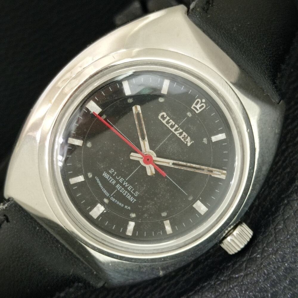 Vintage 1976 Citizen Manual Wound Mens Silver Watch & Red accents